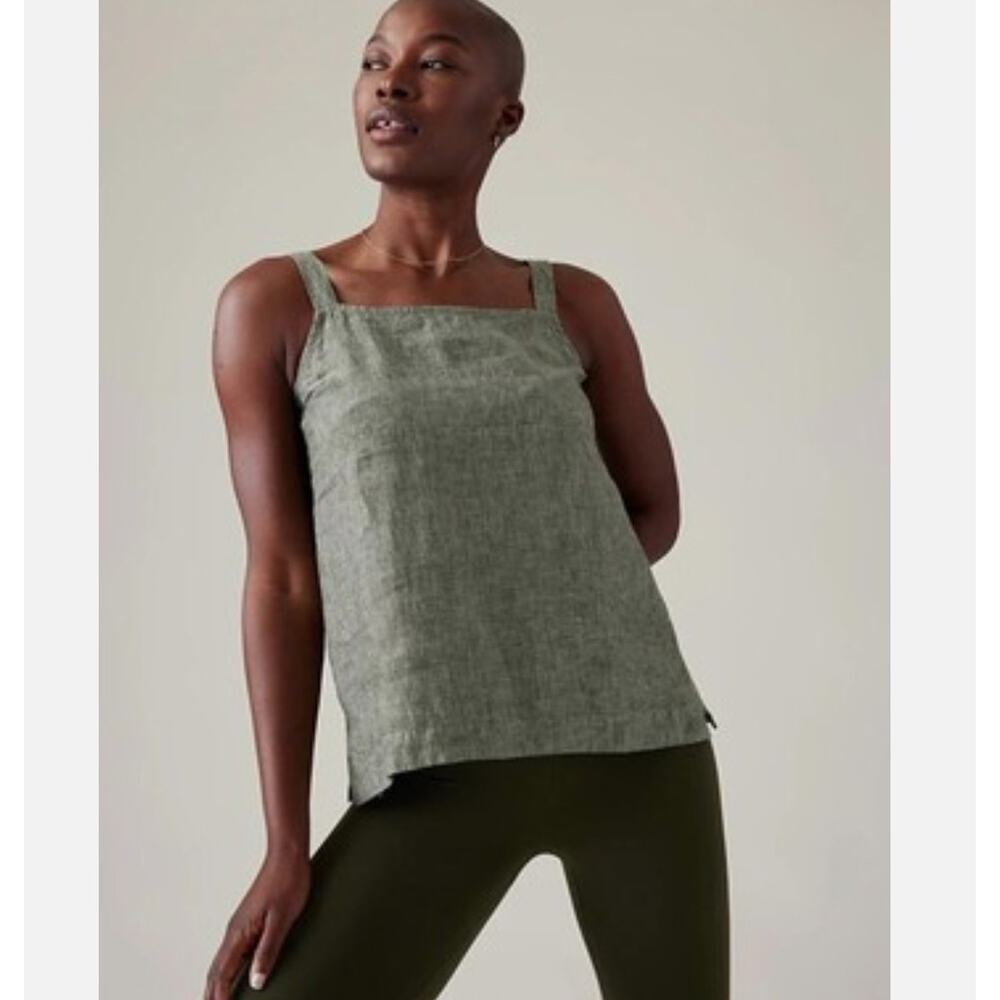 ATHLETA Voyager Tank Top Size M 100% Linen Aspen Olive Gray Adjustable Straps
